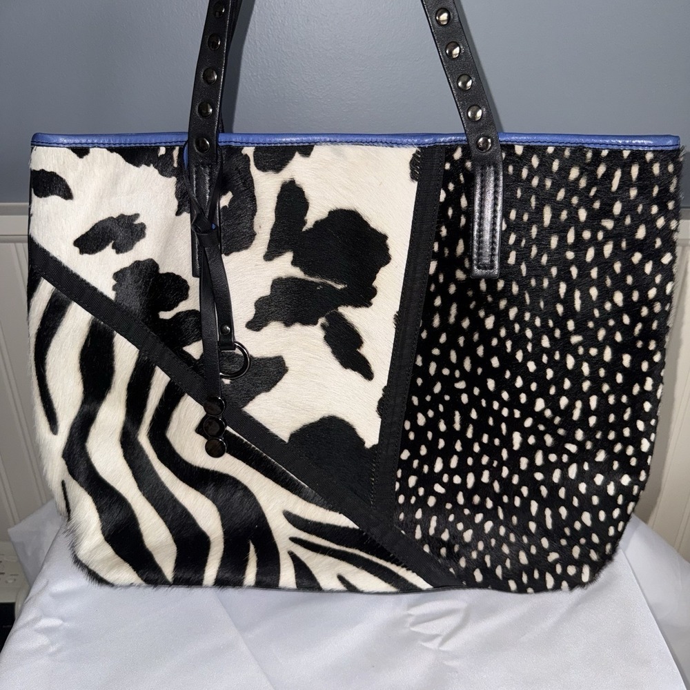Asia Bellucci Pony Hair Large Leather Tote Bag Purse Royal Blue Black White